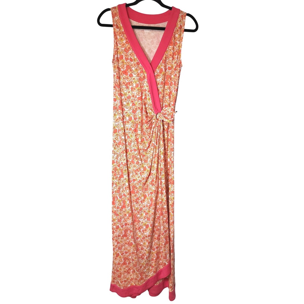 Lands End S/T Floral Faux Wrap Maxi Dress Pink‎ Orange Tulip Hem Sleeveless